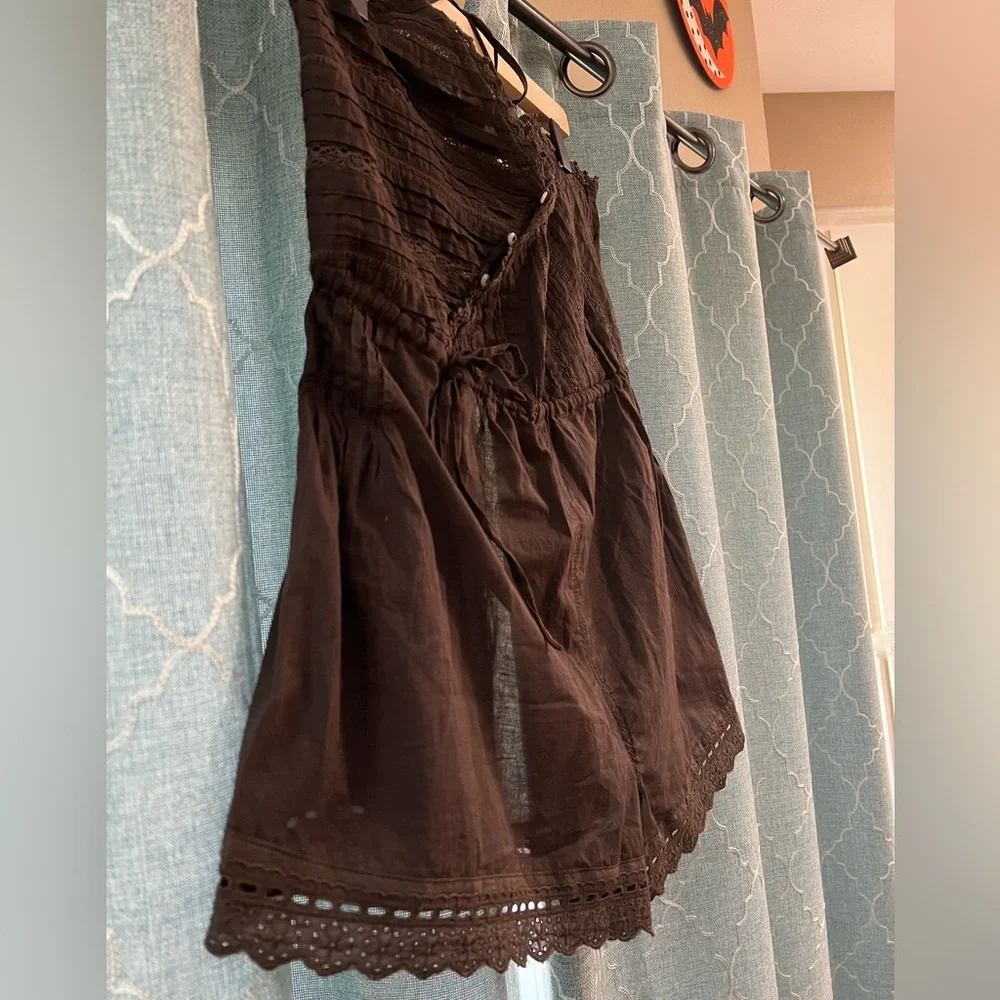 Free People Brown Eyelet Lace-Trim Sleeveless Romper
